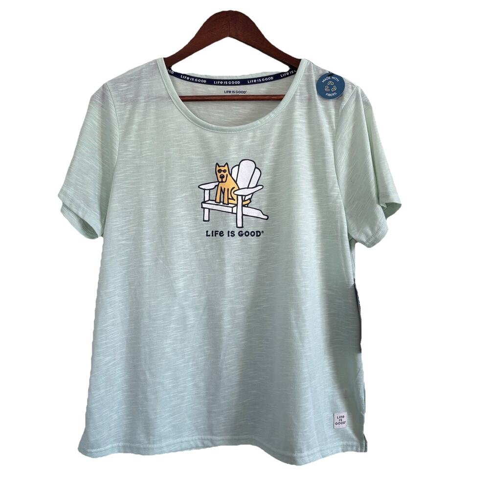 Life is Good Women's Light Green Sleep T-Shirt Sz Large Dog in Adirondack Chair